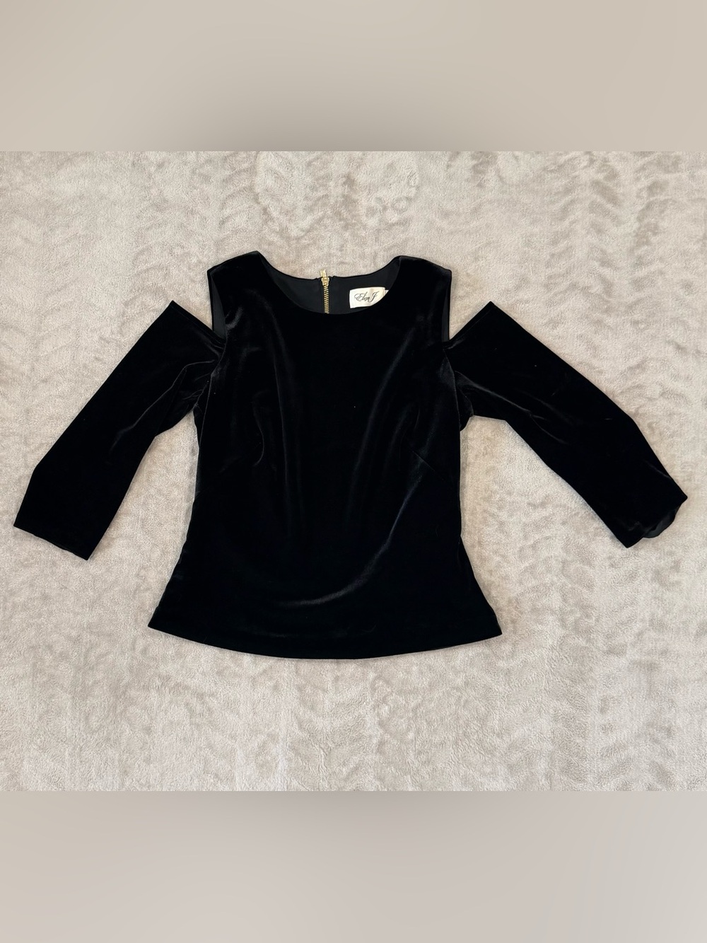 Eliza J Black Velvet Cold Shoulder Top Full Gold Back Zipper 6 Soft Vintage Glam
